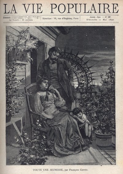 Om natten, på en blomstrende altan, er en familie samlet omkring moderen, der sidder på en lænestol og holder sin mands hånd bag hende, både ser trist og skudt ud. For deres fødder, hans hoved hviler på sin mor, et siddende barn sover, en åben bog le af Alphonse Mucha