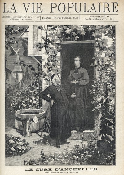 Ved præstegårdens indgang rettes en behandling til en yngre person. Haven er meget blomstret, udstyret med en tank og en vandkande, i bunden kan du se landsbyens klokketårn. Illustration af Alfons Maria Mucha (Alphonse Mar af Alphonse Mucha