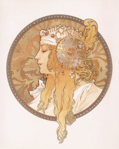 byzantinsk hoved af en blond jomfru; Tete byzantine d"une femme blonde, ca. 1897 af Alphonse Mucha