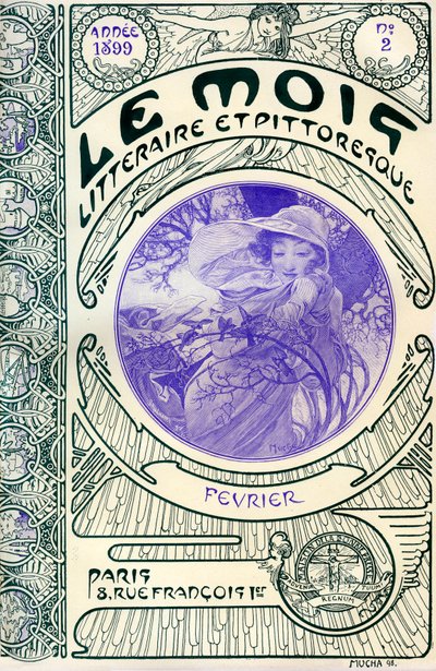 Forsiden af bladet (månedsmagasinet) Le Month litteraire et maleriske af Alphonse Mucha (1860-1939): februar måned 1899 - Maison de la Bonne Presse - af Alphonse Mucha
