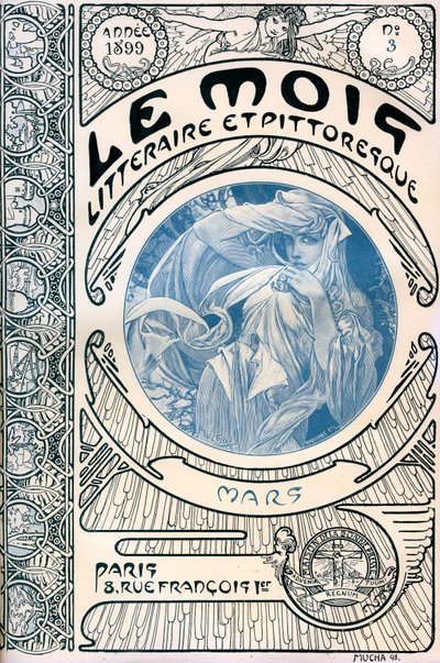 Forsiden af bladet (månedligt blad) Den litterære og maleriske måned af Alphonse Mucha (1860-1939): marts 1899 - Maison de la Bonne Presse - af Alphonse Mucha
