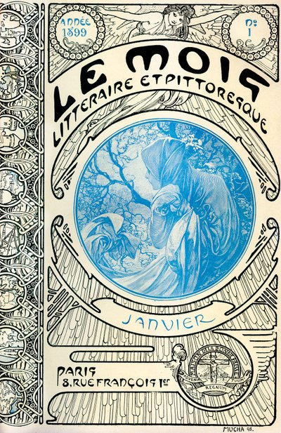 Forsiden af bladet (månedligt blad) Den litterære og maleriske måned af Alphonse Mucha (1860-1939): Januar 1899 - Maison de la Bonne Presse - af Alphonse Mucha