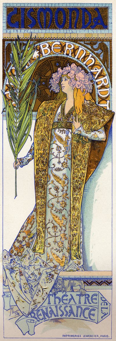 Underholdning. Gismonda, skuespil af Victorien Sardou med Sarah Bernhardt på Theatre de la Renaissance, Paris. Plakat af Mucha, Frankrig af Alphonse Marie Mucha