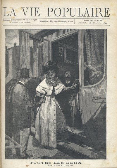 Farvel mellem en mand og en kvinde, der stiger på et tog på perronen på en station. Illustration af Alfons Maria Mucha (Alphonse Marie Mucha af Alphonse Mucha