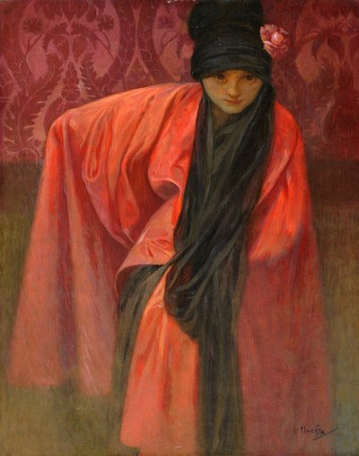 Pige i rødt par Mucha, Alfons Marie (1860-1939), ca. 1914 - Tempera på lærred, 60,5x47 - Privat samling af Alphonse Mucha