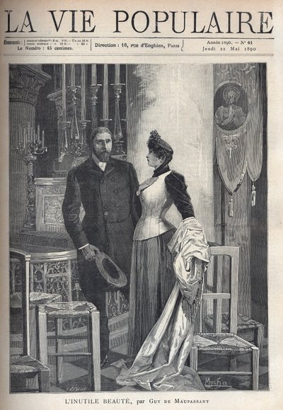 I en kirke står et smukt og elegant par op mellem stearinlys og beder til Gud. Illustration af Alfons Maria Mucha (Alphonse Marie Mucha af Alphonse Mucha