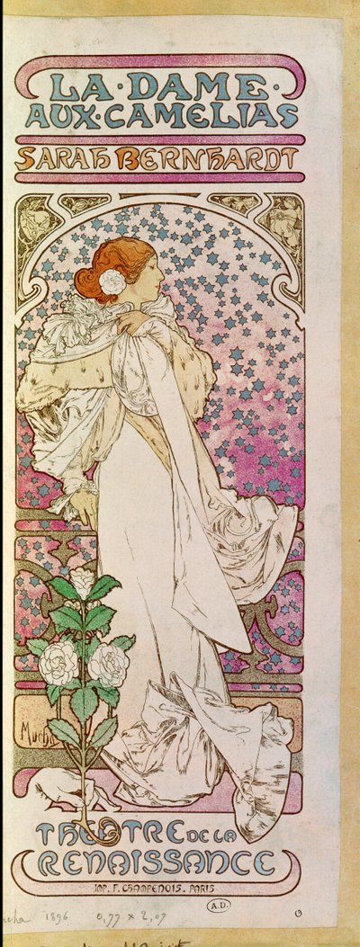 La Dame aux Camelias med skuespillerinden Sarah Bernhardt, Theatre de la Renaissance, Paris 1894 (plakat) af Alphonse Marie Mucha