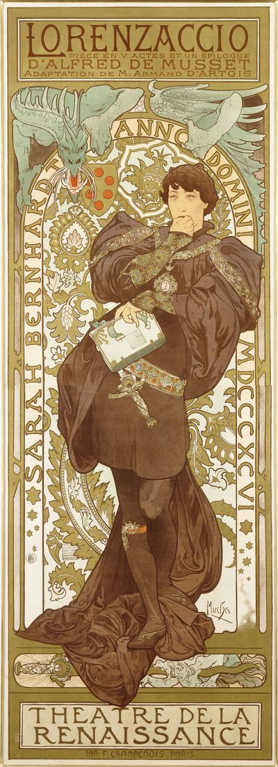Lorenzaccio, der skildrer den stående figur af Sarah Bernhardt i rollen, 1896 af Alphonse Mucha