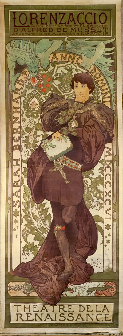 Lorenzaccio med skuespillerinden Sarah Bernhardt, skuespil af Alfred de Musset (plakat) af Alphonse Marie Mucha