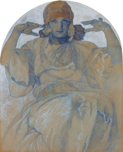 ""Portræt af kunstnerens datter Jaroslava Muchova (1909-1986)"" (Portræt af kunstnerens datter, Jaroslava) Maleri af Alphons Mucha (1860-1939) - ca. 1924 Dim 51x41 cm Privat samling af Alphonse Mucha