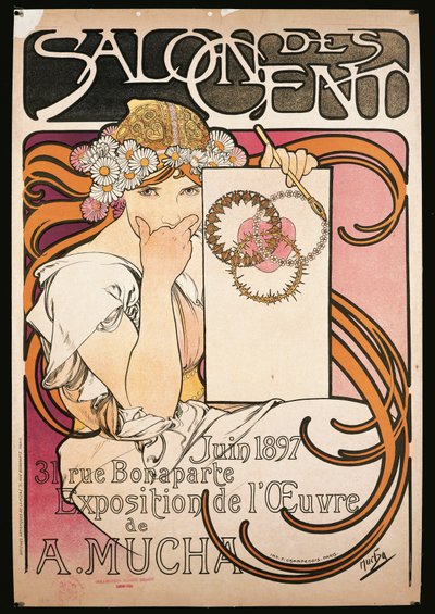 Plakat, der reklamerer for udstillingen af A. Mucha i Salon des Cent af Alphonse Marie Mucha
