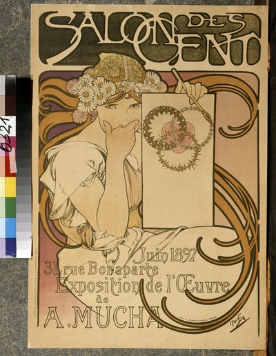 Plakat, der reklamerer for udstillingen af A. Mucha i Salon des Cent, 31 rue Bonaparte a Paris, juni 1897 (farve litho) af Alphonse Mucha