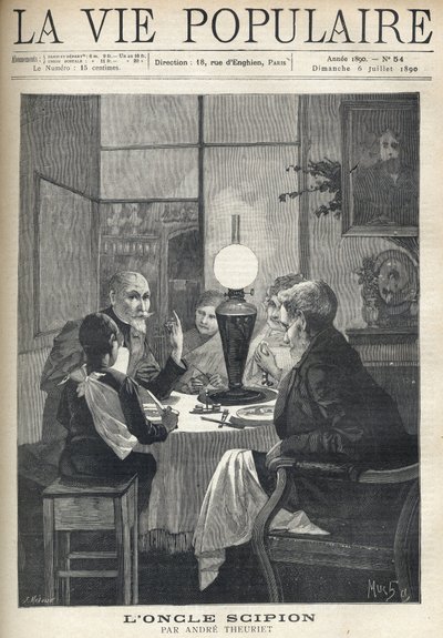 Scene i familielivet: omkring middagsbordet er en familie samlet, oplyst af en olielampe og lytter nøje til en besøgende onkel, med klare øjne og hånd, der markerer højdepunkterne i hans historie. Illustration af Alfons Maria Mucha (Alphonse af Alphonse Mucha
