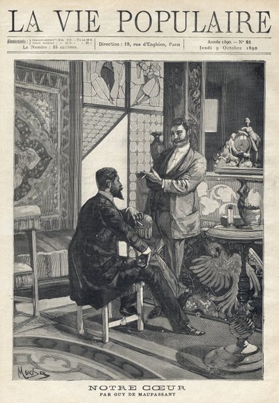 To mænd, den ene siddende og den anden stående, står over for hinanden og er i fuld snak og ryger cigaretter i en rigt dekoreret stue (mosaikvinduer, møbler, kunstgenstande). Illustration af Alfons Maria Mucha (Alphonse Marie Mucha af Alphonse Mucha