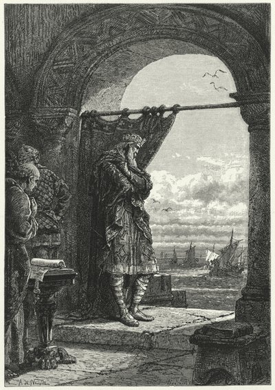 Karl den Store ser spændt på, hvordan skibe nærmede sig med normanniske raiders (gravering) af Alphonse Marie de (after) Neuville