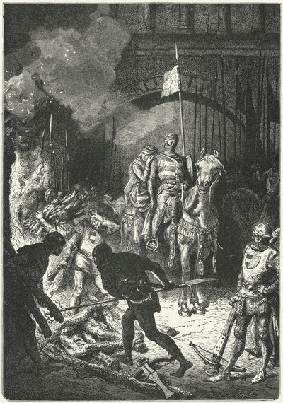El Cid, ledsaget af sin kone Dona Jimena, fører tilsyn med bygningen af begravelsesbålet for Ahmed, den mauriske konge af Valencia af Alphonse Marie de (after) Neuville