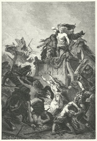 Germanske kvinder forsvarer deres lejr til døden (gravering) af Alphonse Marie de (after) Neuville