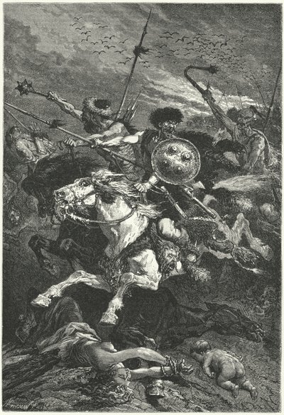 Hunnere angreb ved slaget ved Chalons, 451 (gravering) af Alphonse Marie de (after) Neuville