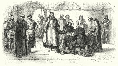 Proklamation af katolicismen som religionen i det gotiske kongerige i Spanien ved det tredje råd i Toledo, 589 (gravering) af Alphonse Marie de (after) Neuville