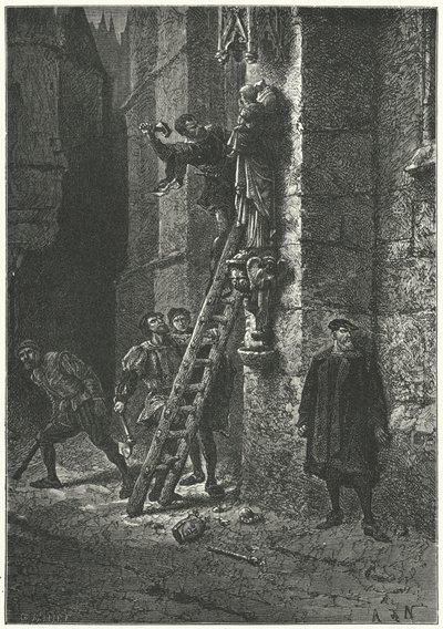 Protestanter ødelægger en statue af Jomfruen og Barnet på Notre Dame, Paris af Alphonse Marie de (after) Neuville