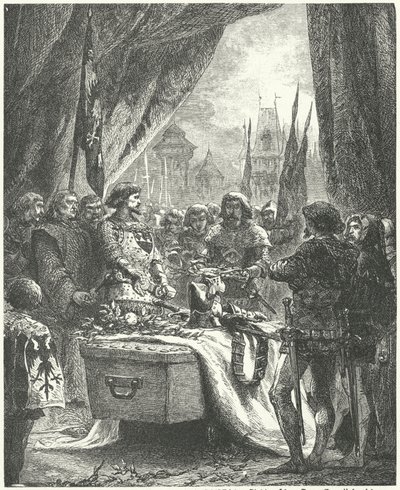 Kommandanten af Chateauneuf de Randon lægger nøglerne til byen på Bertrand du Guesclins kiste af Alphonse Marie de (after) Neuville