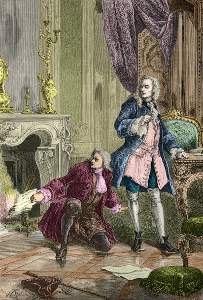 Charles Jean Francois Henault redder manuskriptet til La Henriade, som Voltaire havde smidt i ilden (Kobberstik) af Alphonse Marie de Neuville