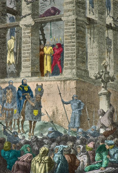 Enguerrand de Marigny bliver henrettet i galgen i Montfaucon i 1315 (kobberstik) af Alphonse Marie de Neuville