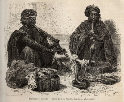 Les charmeurs de serpents, som handler med krybdyr, som de tiltrækker ved at blæse i deres toumril (fløjte), gravering efter tegningen af A. de Neuville, der illustrerer Rajahernes rejse til Indien, i 1864-1868, af Louis Rousselet, udgivet i "" Le tour af Alphonse Marie de Neuville