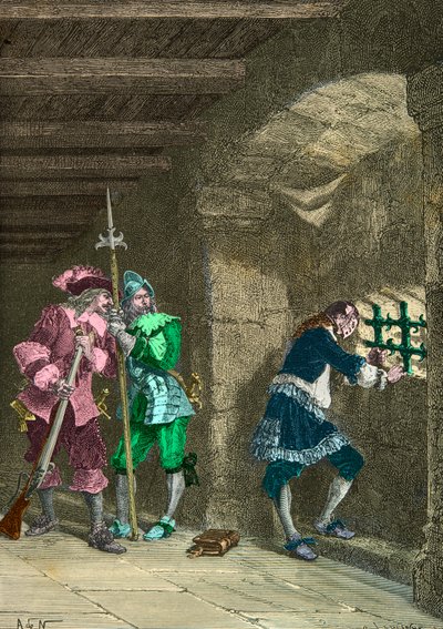 Manden med jernmasken i fængslet (Gravering) af Alphonse Marie de Neuville