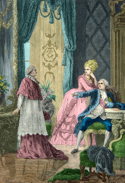 Marie Antoinette og Ludvig 16. udspørger kardinal de Rohan om halskædeaffæren af Alphonse Marie de Neuville