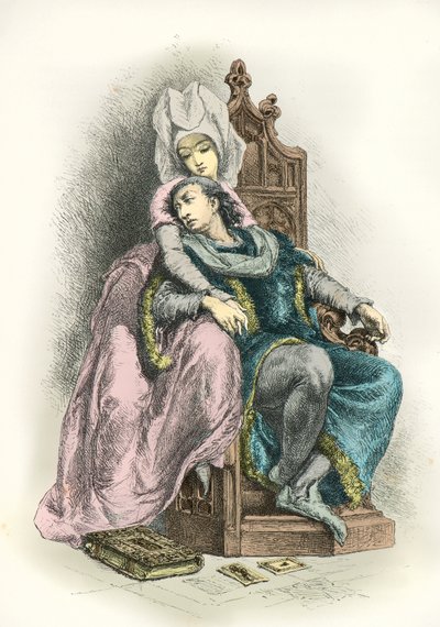 Portræt af kong Charles 6 dit le bien aime med Odette de Champdivers (Gravering) af Alphonse Marie de Neuville