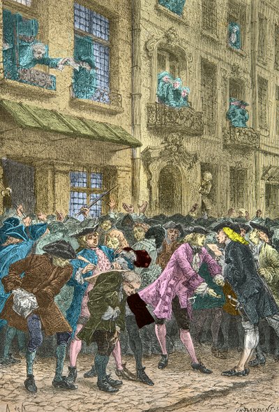 Rue Quincampoix, hvor spekulanter mødes, ca. 1720 (Kobberstik) af Alphonse Marie de Neuville