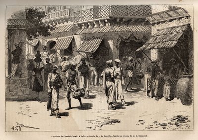 Korsvejen mellem Chandni chowk, guldormens gade, hovedvejen for kommercielle og håndværksaktiviteter, der krydser Dehli fra paladsets store port til Lahore-porten, gravering efter tegningen af A. de Neuville, der illustrerer rejsen af Alphonse Marie de Neuville