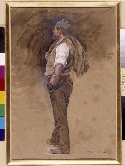 Bonde har jakken på hovedet. Maleri af Alphonse Moutte (1840-1913), Obligatorisk omtale: Samlingsstiftelseshilsner fra Provence, Marseille (Dim i cm 27x18) af Alphonse Moutte