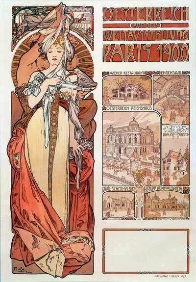 Reklameplakat af Alphonse Mucha (1860-1939) for Østrig repræsenteret på verdensudstillingen i Paris 1900 - Dim 68x98,5 cm Reklameplakat af Alphonse Mucha for "" Østrig"" på udstillingen af Alphonse Mucha