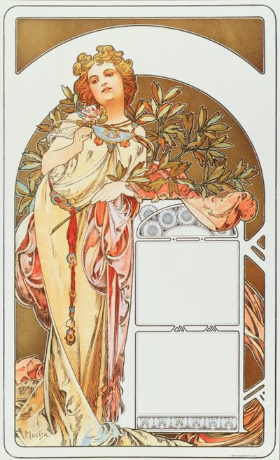 Reklameplakat af Alphonse Mucha (1860-1939) til kalenderen 1898 - Dim 31x51 cm Reklameplakat af Alphonse Mucha til kalender, 1898 - Privat samling af Alphonse Mucha