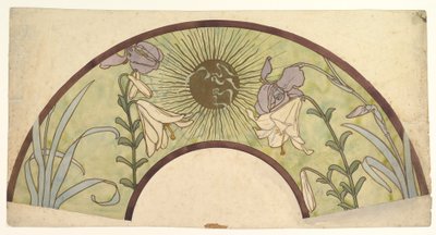 Design til en vifte med solstråler, liljer og iris, slutningen af det 19. - midten af det 20. århundrede af Alphonse Mucha