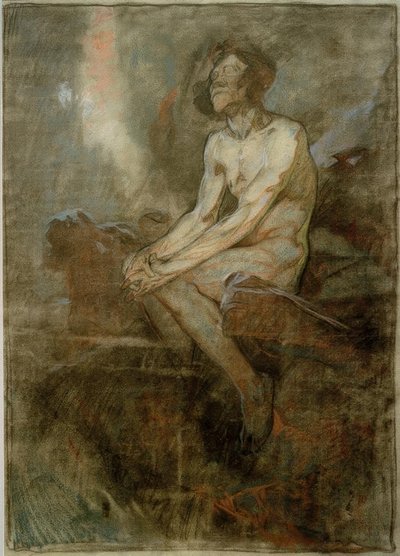 Mand nøgen siddende på en sten af Alphonse Mucha
