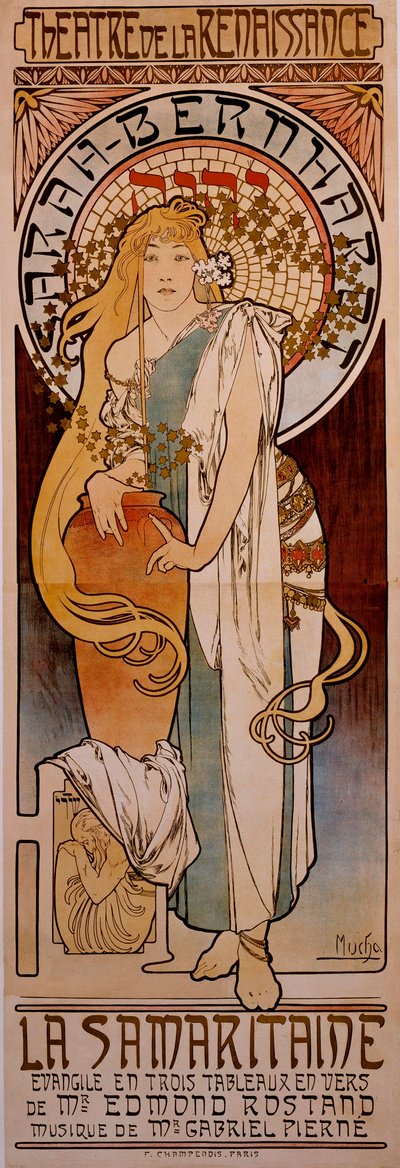 Plakat for stykket "" La Samaritaine"" af Edmond Rostand udført af Henriette Rosine Bernard dit Sarah Bernhardt (1844-1923) i 1897 på Theatre de la Renaissance. Tegning af Alphonse Mucha (1860-1939) 1897 af Alphonse Mucha