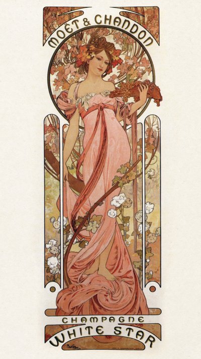 Gengivelse af en reklameplakat for champagne af Alphonse Mucha