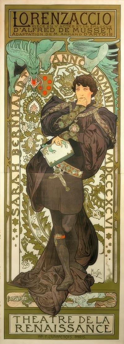 Sarah Bernhardt som Lorenzaccio af Alphonse Mucha