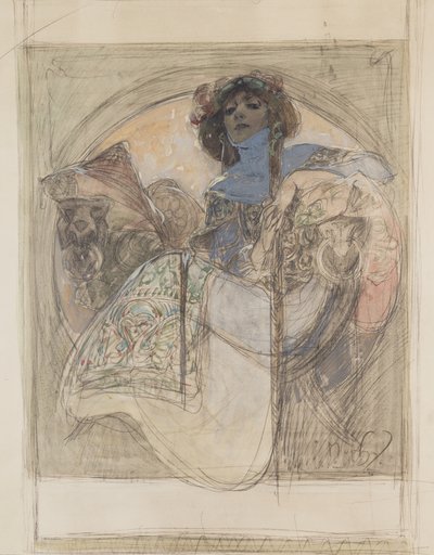 Siddende kvinde – studie til en plakat, 1897 af Alphonse Mucha