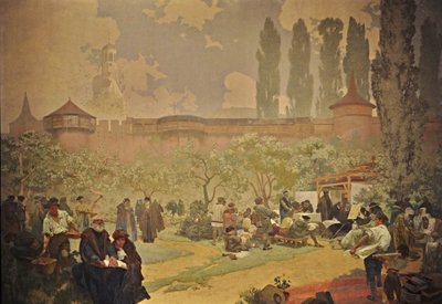 Trykningen af Bibelen fra Kralice i Ivancice Cyklusen Det slaviske epos af Alphonse Mucha