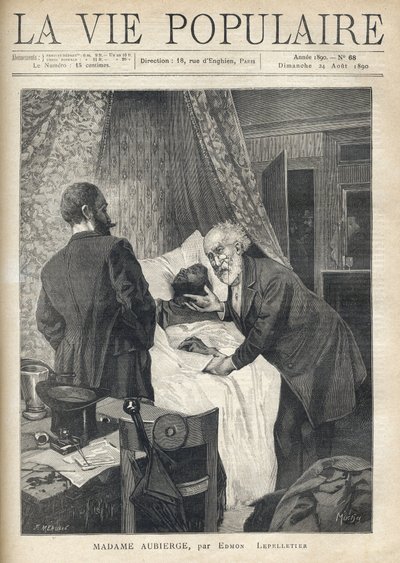 To mænd læner sig over en seng for at se en mands død. Ved døren ser andre mænd på scenen. Illustration af Alfons Maria Mucha (Alphonse Marie Mucha af Alphonse Mucha