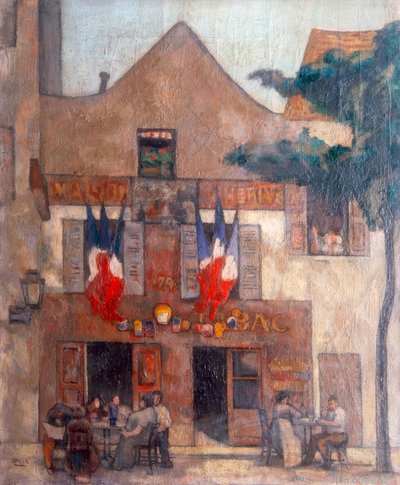 Udsigt over facaden på den berømte parisiske restaurant i Montmartre, med flag i vinduet og mennesker ved et bord af Alphonse Quizet