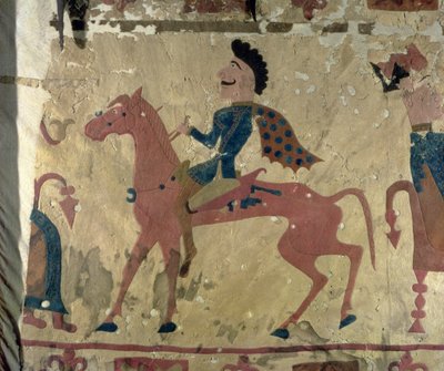 Tæppe, der forestiller en ridende kriger, fra Pazyryk-gravhøjene, 5.-4. århundrede f.Kr. (tekstil) af Altaic School