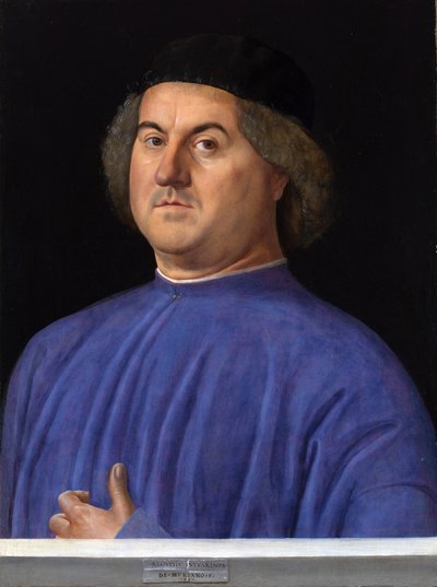 ""Portræt af en mand"" Borgerlig klædt i en blå tunika - Maleri af Alvise Vivarini (cirka 1446-cirka 1505) 1497 London National Gallery af Alvise Vivarini