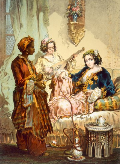 The Cup of Coffee: To kvinder tager kaffe og ryger hubble-boble, pub. 1865. af Amadeo Preziosi