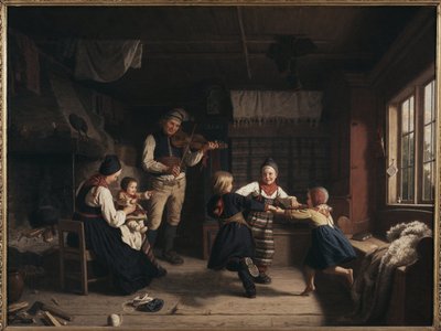 Søndag aften i et bondehus i Dalarna - søndag aften i et bondehus i Dalarna, af Lindegren, Amalia (1814-1891). olie på lærred af Amalia Lindegren