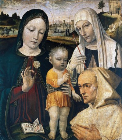 Madonna og barn, den hellige Katarina af Siena og en karteusisk munk, ca. 1490. af Ambrogio Bergognone